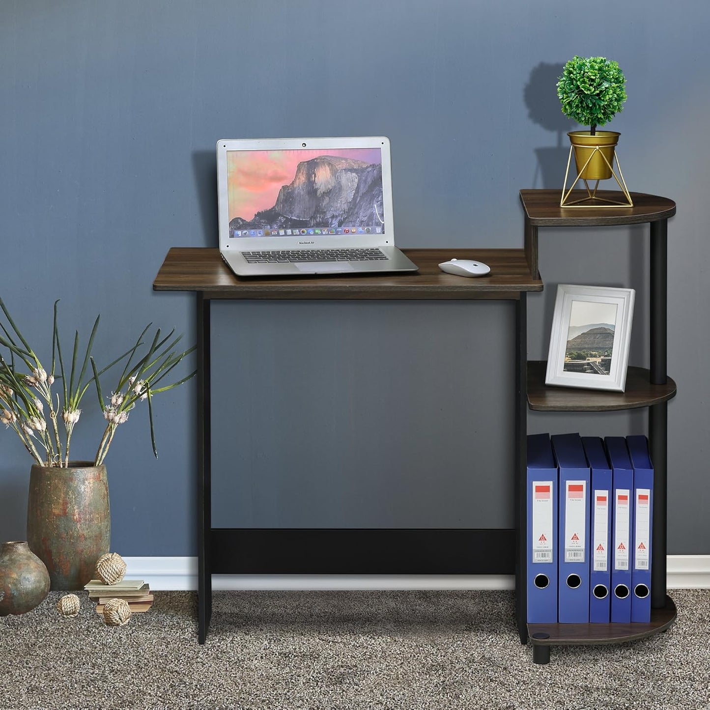 Furinno COMPACT Desk, 28.5" Wide Gaming Desk with Shelves, Computer Desk with Book Shelf, Office Desk for Home Office, Study Room, Dorm, Bedroom, Columbia Walnut