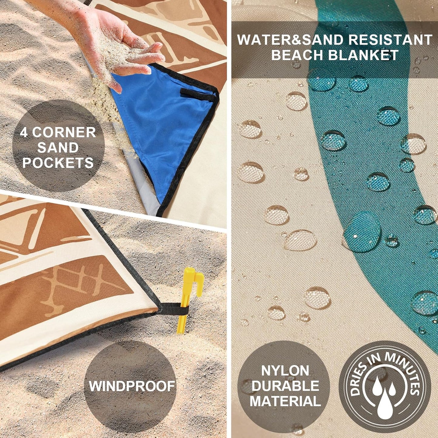 WIWIGO Beach Blanket Waterproof Sandproof Beach Mat 79" X 83"/10'x9'for 2-8 Adults Quick Drying Outdoor Picnic Mat Beach Accessories for Travel, Camping, Hiking