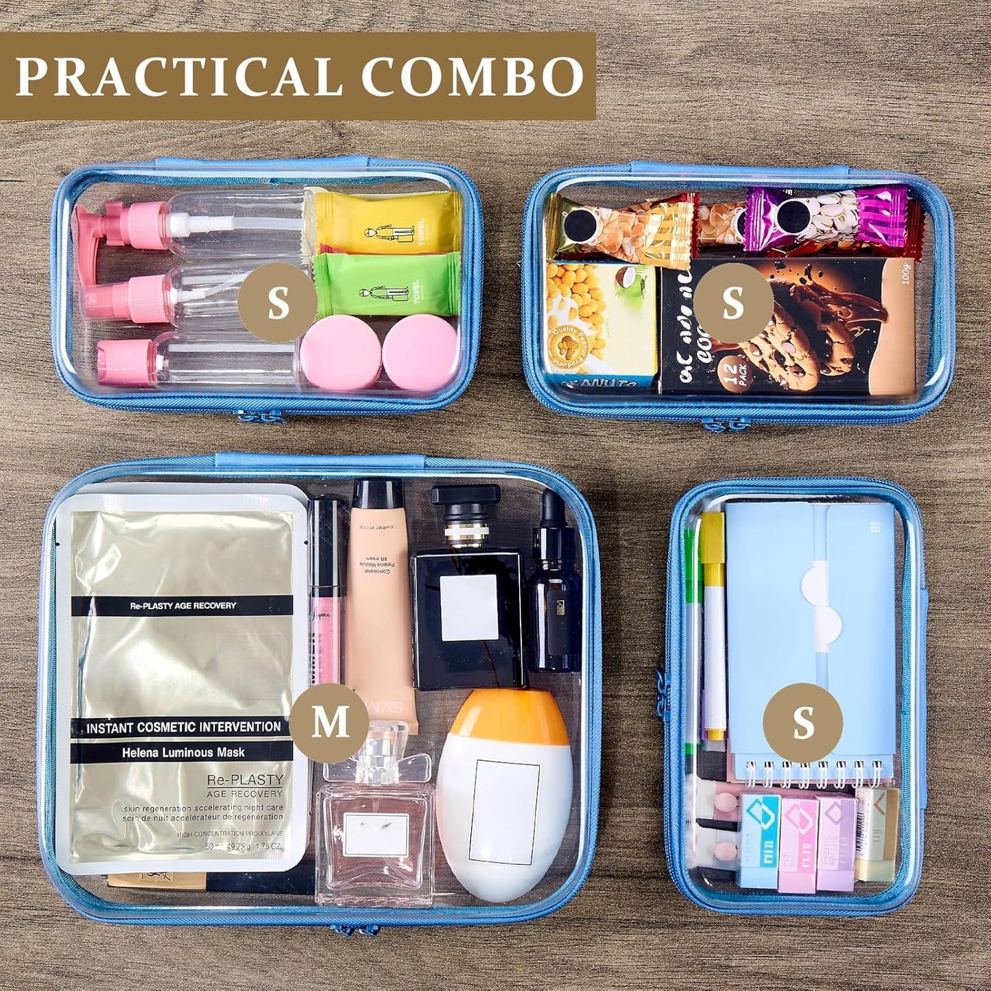 4 pcs Clear Zipper Pouches,Hard Shell Zipper Case, Toiletry Bag for Travel, CLear Diaper Bag, Toiletry Pouch, Travel Organizer, Cosmetic Bag,Toy Storage Bins (M+3S) (Blue)