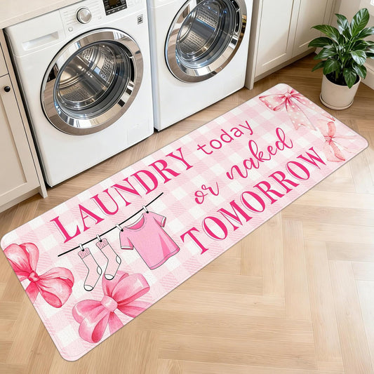 Washable Laundry Room Rug, 20"X47" Non Slip Laundry Mat Runner Soft Low-Pile Laundry Room Organization Farmhouse Decor Area Rug for Entryway Hallway Kitchen Bathroom Pink