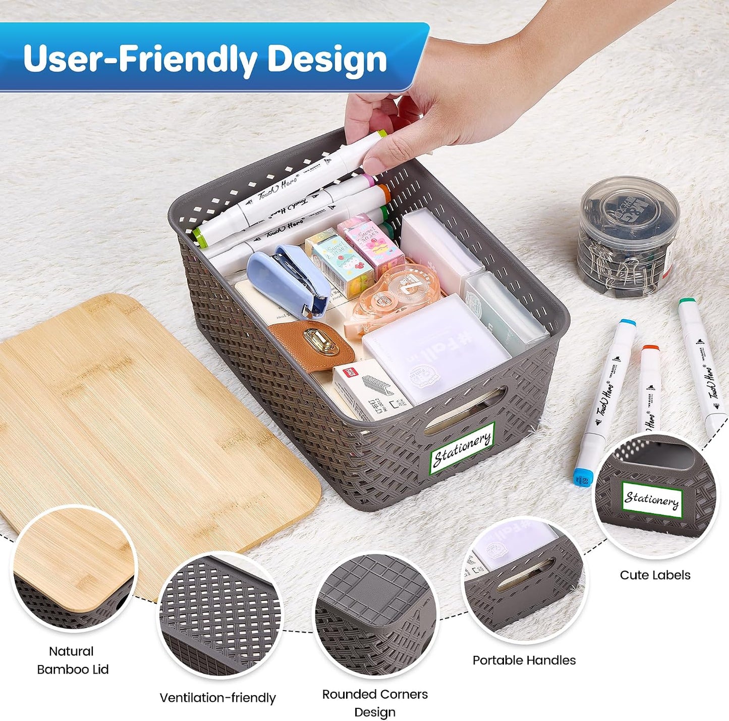 Anysig 8 Pack Plastic Storage Bins with Bamboo Lids, 5.2 QT Stackable Bins
