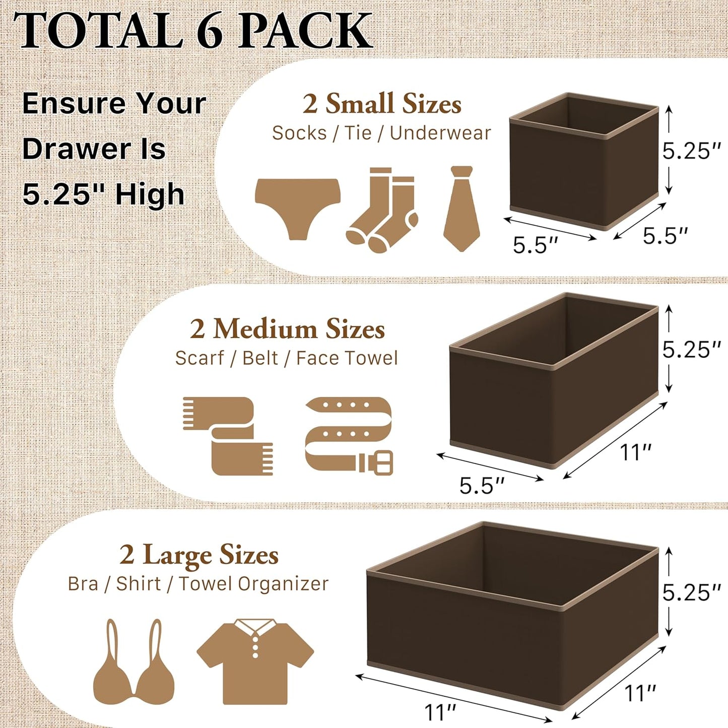 Simple Houseware Underwear Drawer Organizer for Lingerie/Undergarment/Bra/Panty/Sock/Onesie, Set of 6, Brown