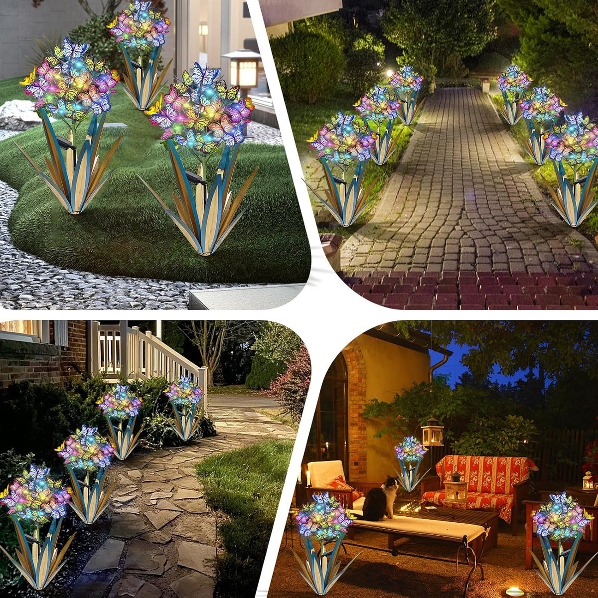 Homight Solar Metal Agave Butterfly Flower Stick Garden Sculpture - Outdoor Christmas Lights With Swaying Butterfly Sunflower - Solar Outdoor Gift (3 PCS Blue)