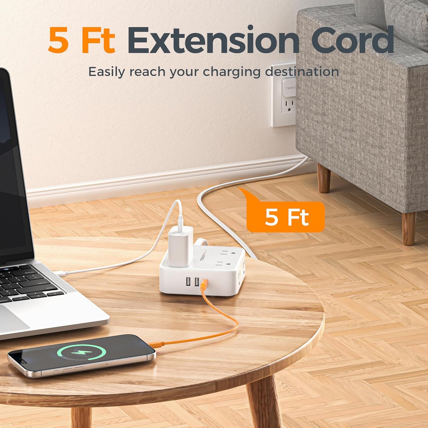 TESSAN Surge Protector Power Strip, 5 Ft Flat Plug Extension Cord with 3 USB (1 USB C) 8 Outlets, 1250W, 900J Protection, 3 Sided Outlet Extender with Power Switch for Office, Dorm Room, Grey