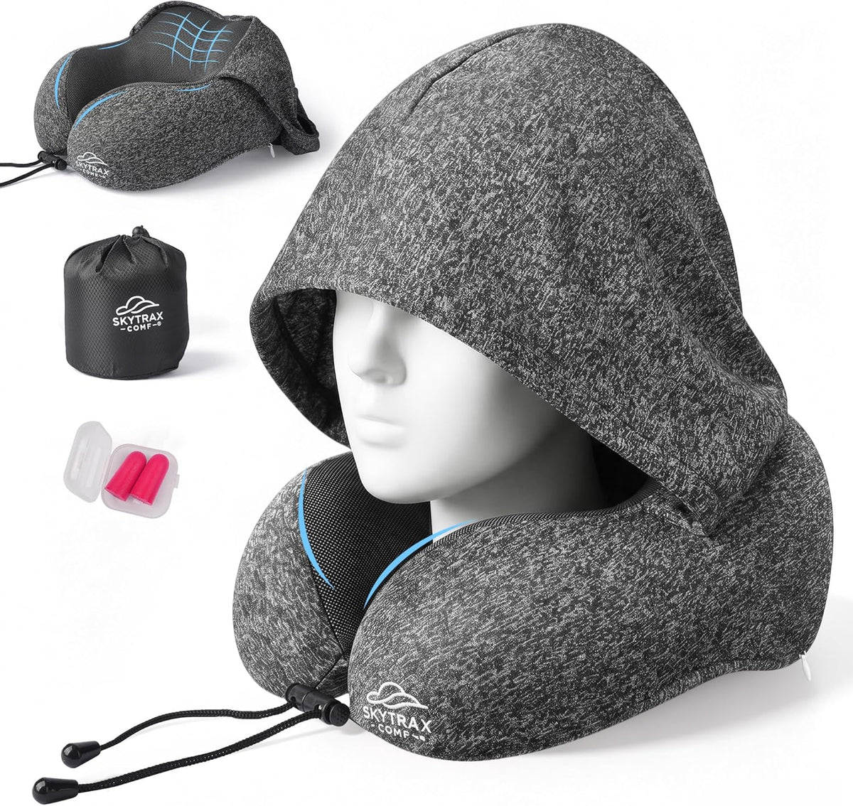 SkytraxComf® Travel Neck Pillow with Hood for Privacy on Long Flights | Memory Foam | Airplane Sleep | Safety-Tested Materials | Extra Large Hood | Chin Support | Earplugs | Washable Cover
