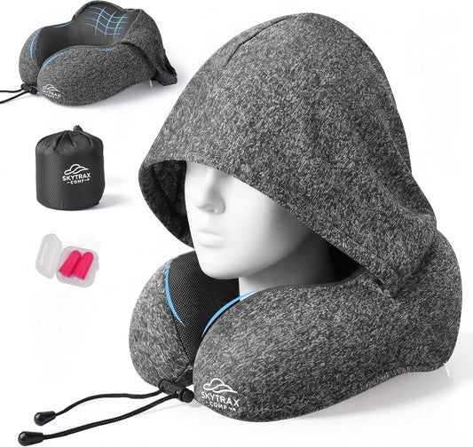 SkytraxComf® Travel Neck Pillow with Hood for Privacy on Long Flights | Memory Foam | Airplane Sleep | Safety-Tested Materials | Extra Large Hood | Chin Support | Earplugs | Washable Cover