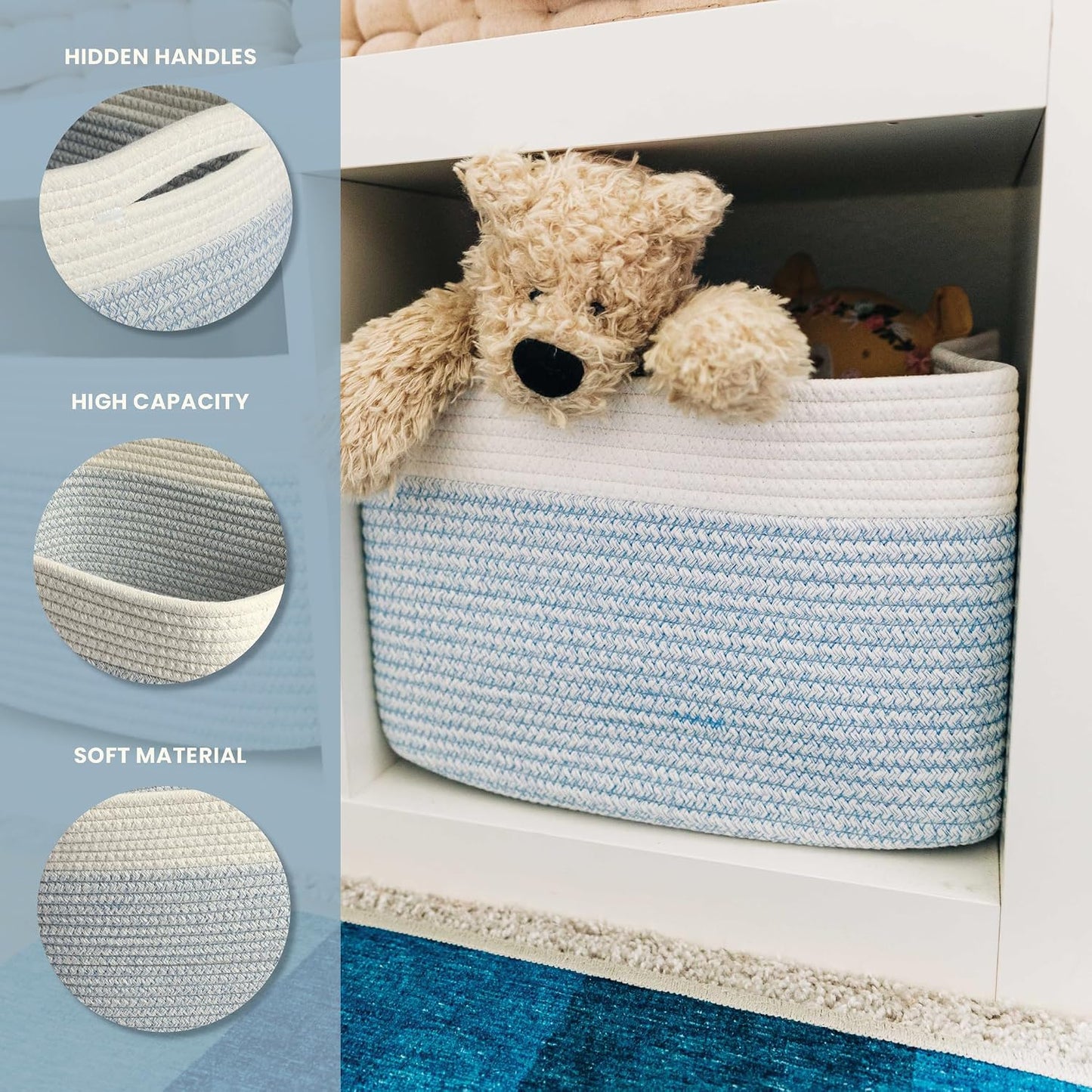 OrganiHaus Cotton Rope Baskets for Shelves, Set of 3, 15x9x10 | Handwoven; a toy bin and organizer for towels, books, or blankets; fits nursery, playroom, or bedroom decor