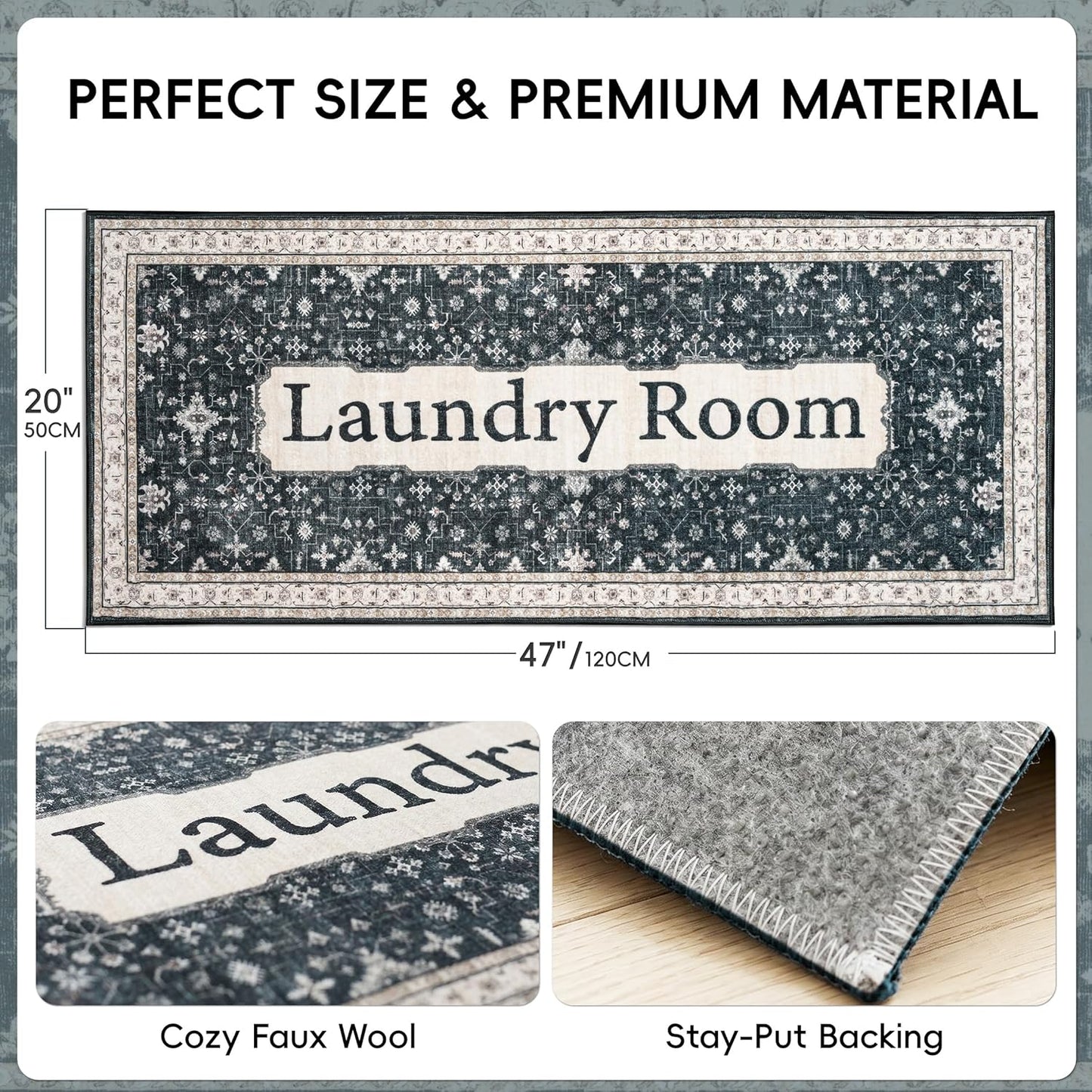 Laundry Room Rug 20"x47" – Black Boho Floor Tribal Runner Rug, Non Slip Washable Faux Wool Laundry Mat for Washer Dryer Area, Soft Vintage Low-Pile Farmhouse Runner for Kitchen, Hallway, Bathroom