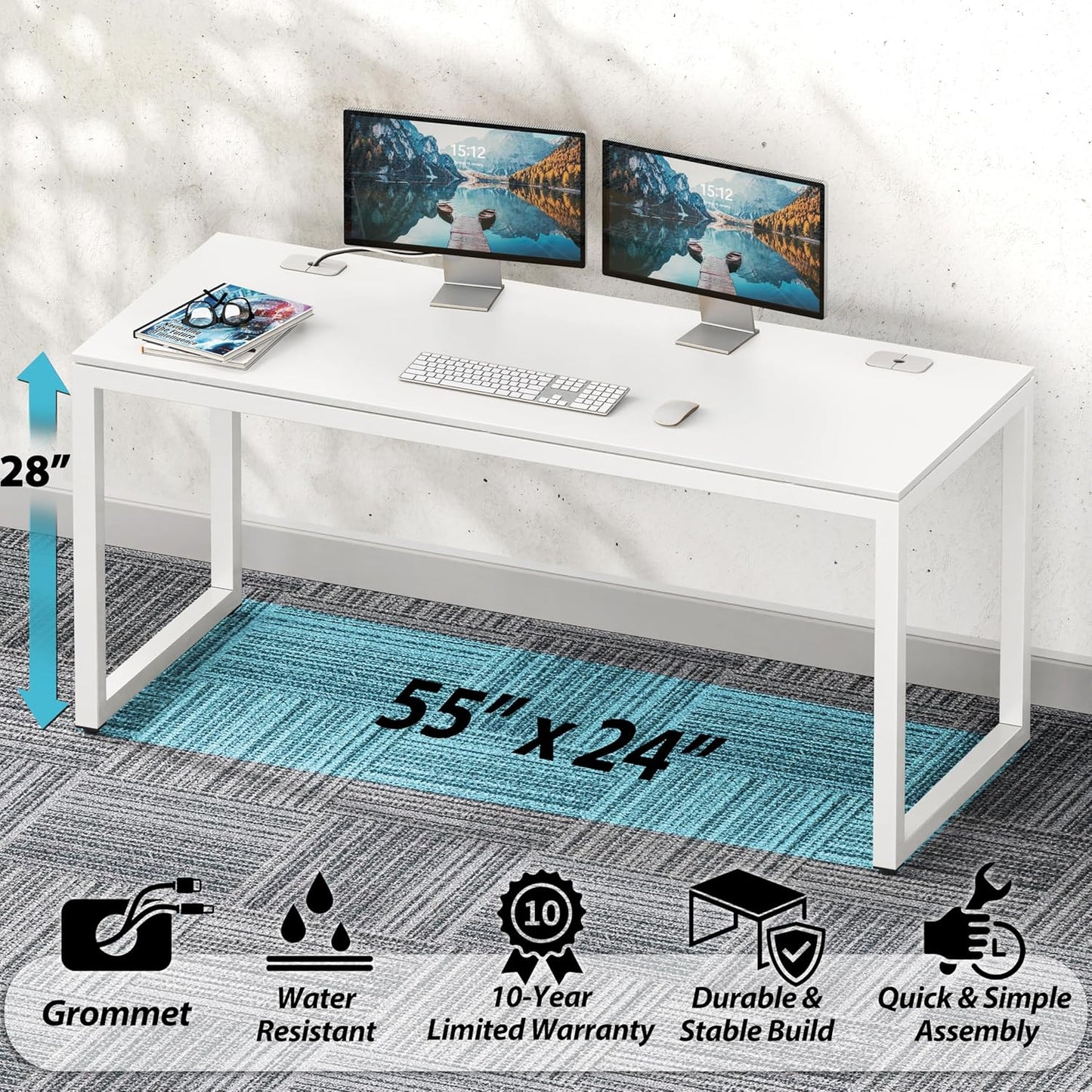 SHW 55-Inch Commercial-Grade Office Computer Desk, White