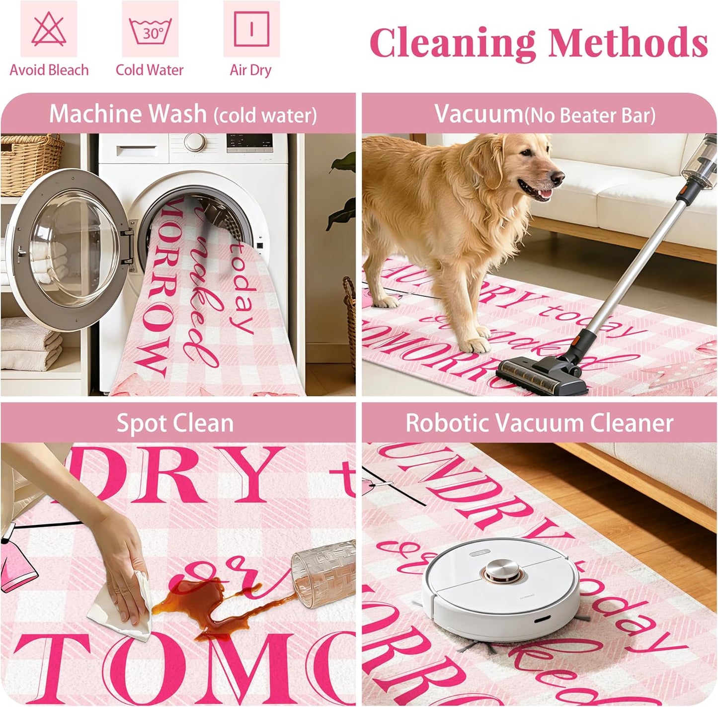 Washable Laundry Room Rug, 20"X47" Non Slip Laundry Mat Runner Soft Low-Pile Laundry Room Organization Farmhouse Decor Area Rug for Entryway Hallway Kitchen Bathroom Pink