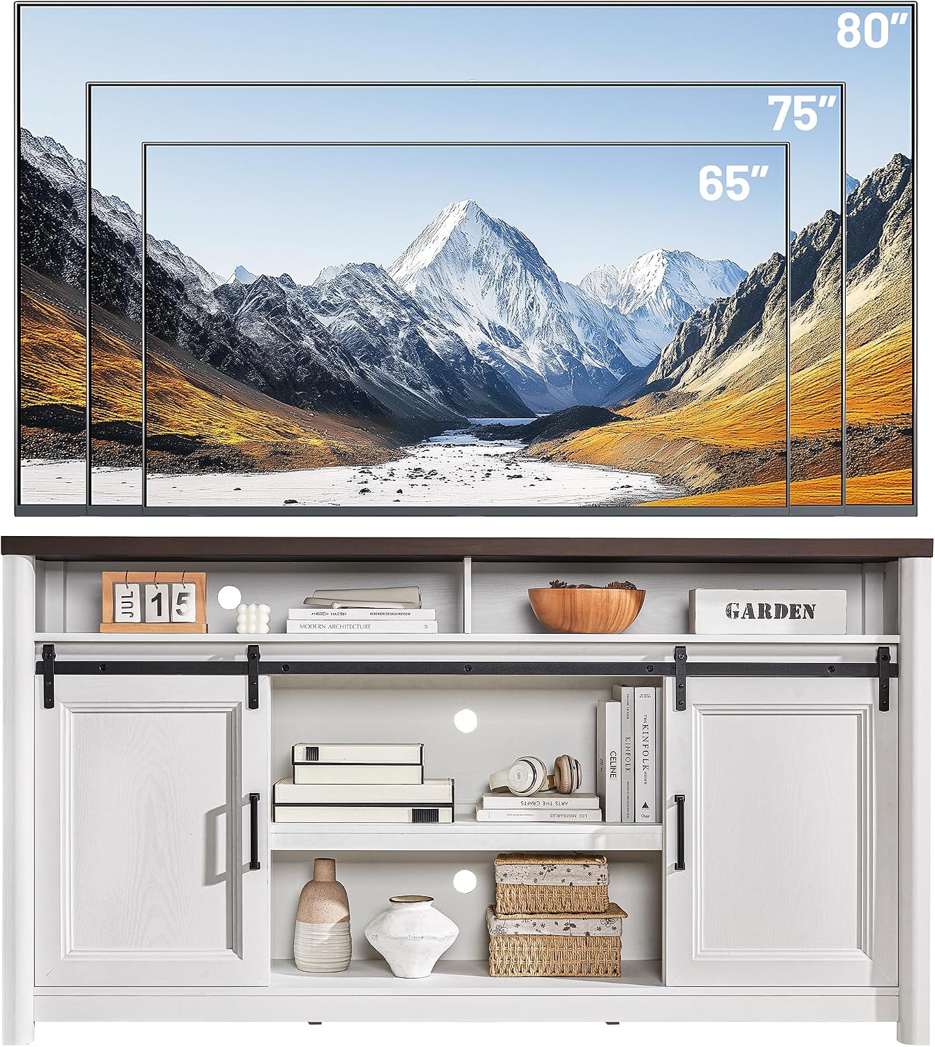 Rustic Farmhouse TV Stand for 80 Inch TVs, Large Entertainment Center with Storage, TV Console for Bedroom Living Room, Media Console Cabinet with Sliding Barn Doors, 70 Inch Wide, White & Walnut