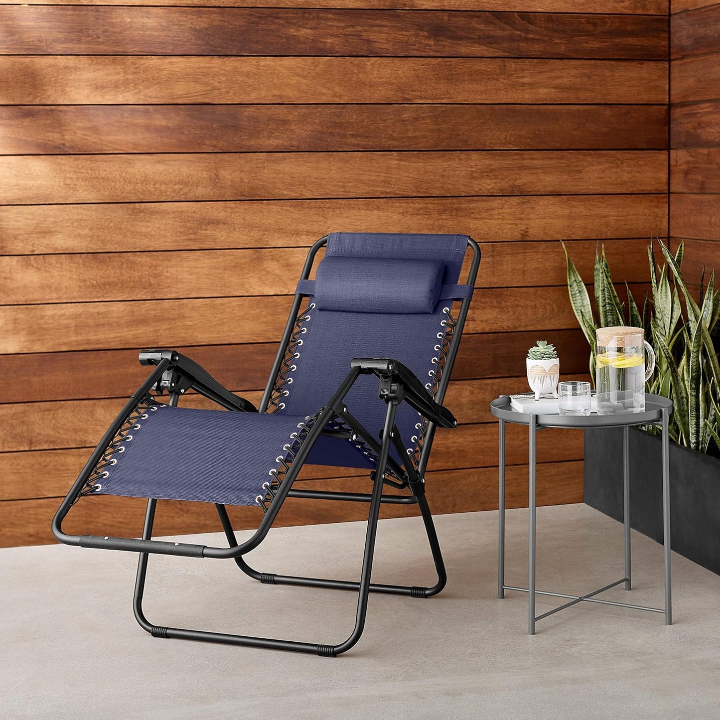 Amazon Basics Zero Gravity Lounge Chair with Pillow, Foldable Outdoor Reclining Chair for Patio and Beach, Weather-Resistant Textilene, 300 lb Capacity, 26", Navy Blue