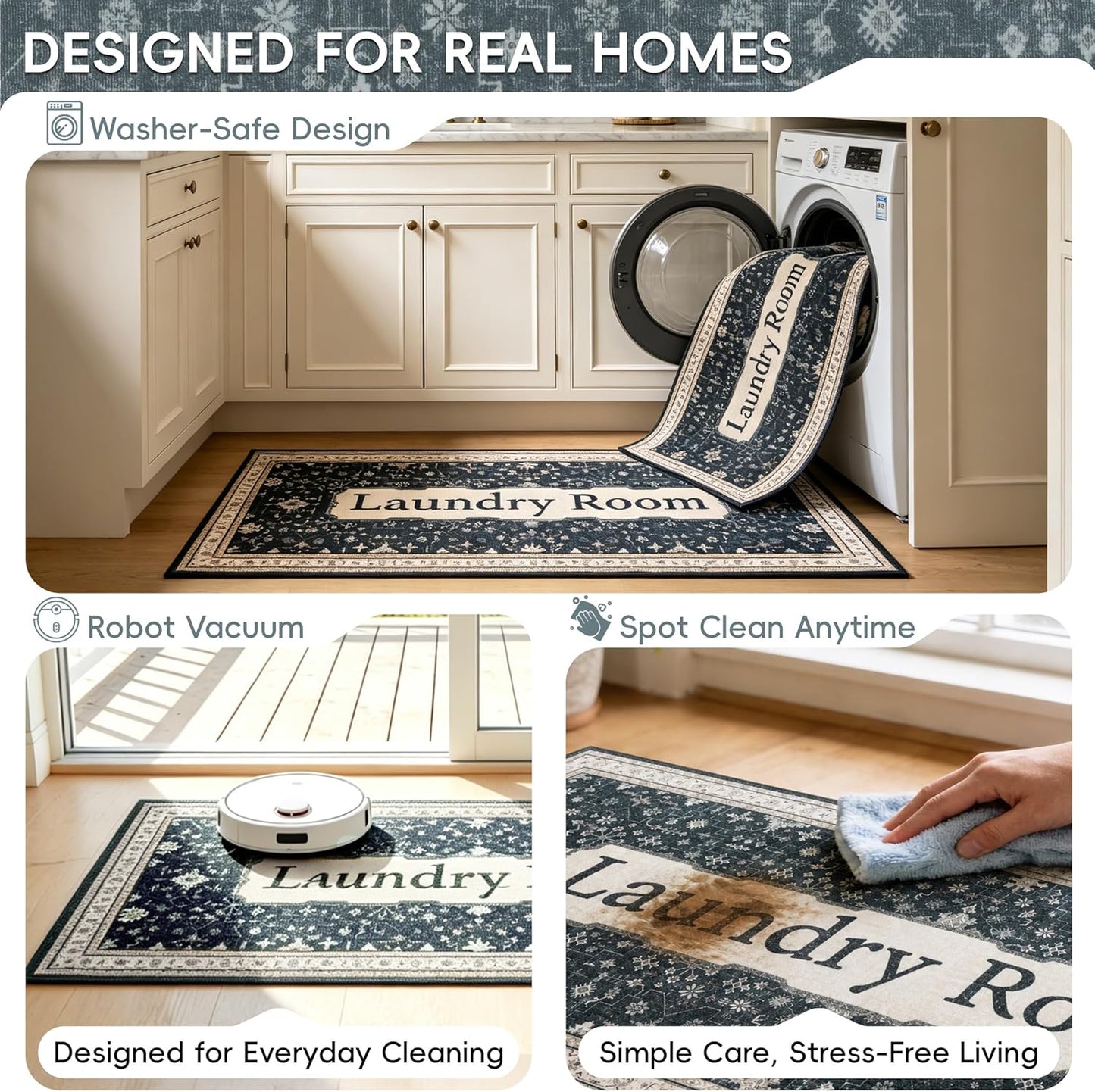 Laundry Room Rug 20"x47" – Black Boho Floor Tribal Runner Rug, Non Slip Washable Faux Wool Laundry Mat for Washer Dryer Area, Soft Vintage Low-Pile Farmhouse Runner for Kitchen, Hallway, Bathroom