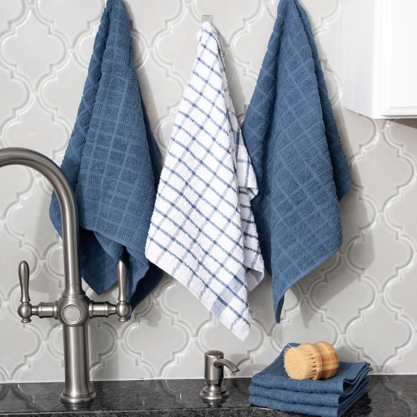 Ritz Premium Kitchen Towel and Dish Cloth Value Set: Highly Absorbent, Super Soft, Long-Lasting, 100% Cotton Checked and Solid Hand Towels, Tea Towels, Bar Towels - 12-Pack, Federal Blue/Graphite