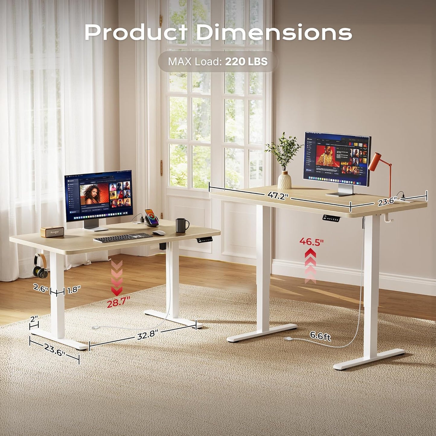 Huuger Electric Standing Desk with Power Outlets and USB-C Port, 47 X 24 Inch Height Adjustable Desk, Sit Stand Desk for Home Office, Computer & Gaming Desk with 4 Presets, Stable Steel Frame, Marple