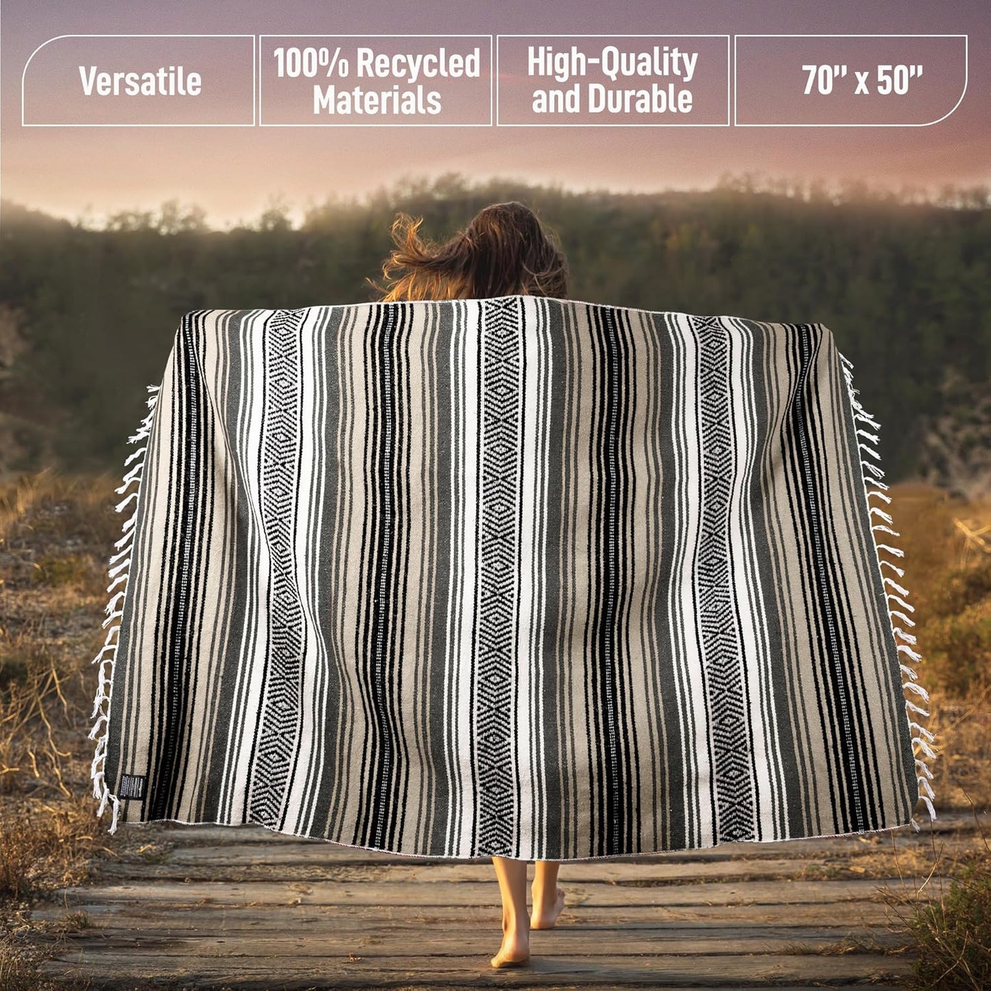 Hydration Nation Authentic Large Handwoven Mexican Blanket - Soft Yoga- Durable Serape- Lightweight Falsa, Beach, Camping, Picnic, Outdoor Blanket 70"x50" - Desert