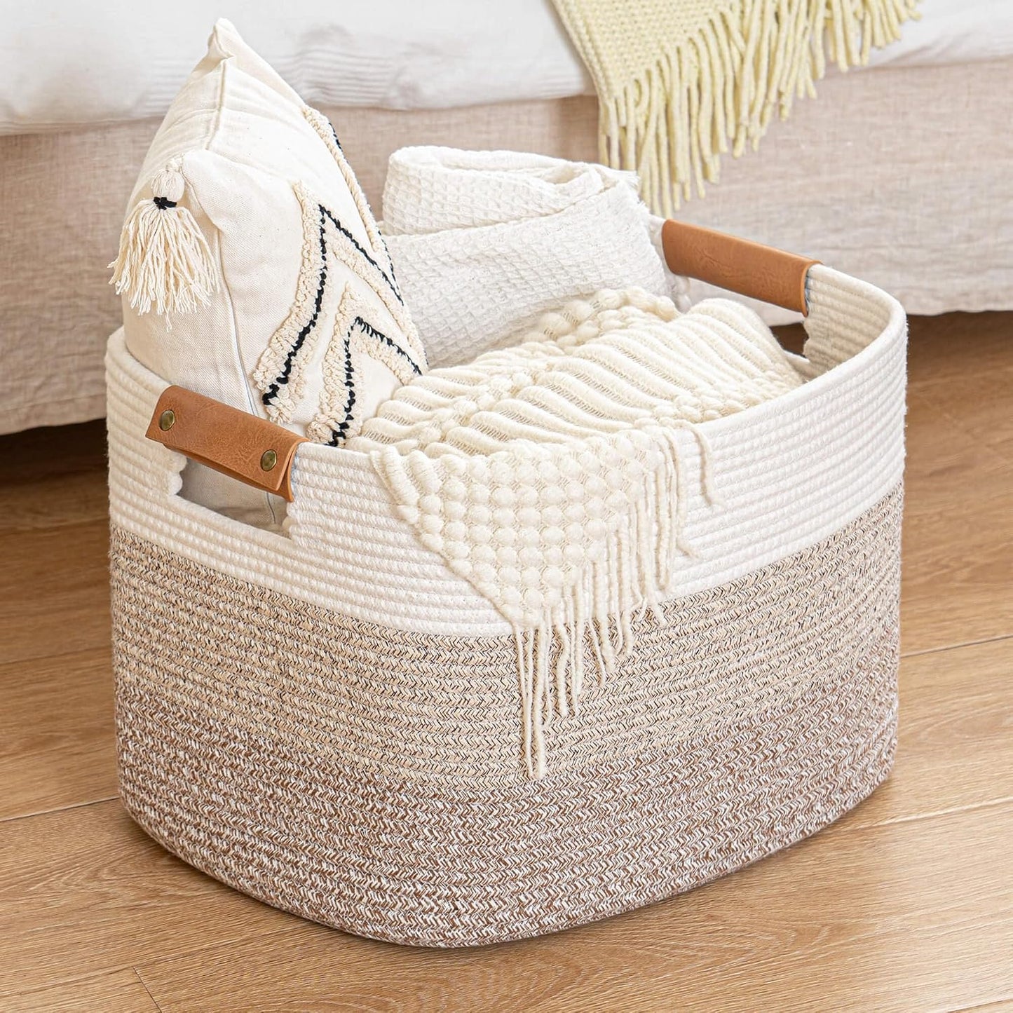 danpinera Rectangle Blanket Storage Basket, Large Blanket Basket Living Room, Nursery Nin for Toys, 50 L Large Woven Storage for Toy Organizing & Laundry, 18.11’’*14.17’’*11.81’’, Gradient Brown