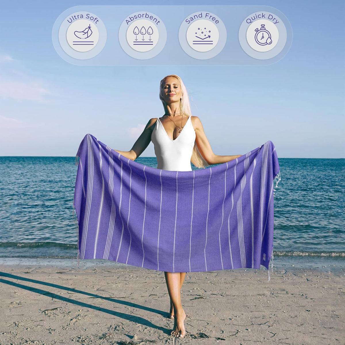 Ossano Turkish Beach Towel Compact & Soft Extra Large (39" x 71") - Quick Dry, Versatile and Functional as Yoga Mat, Picnic Blanket/Travel Blanket, Bath, Shower and Pool Towel - Purple