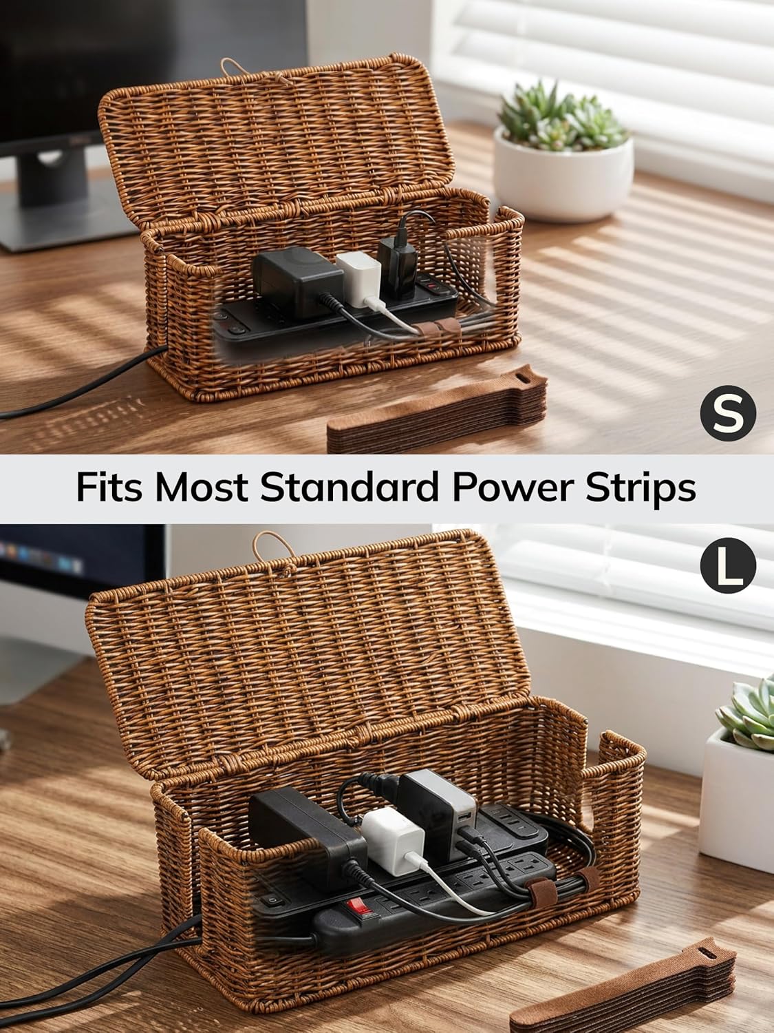 Cable Management Box, Cord Organizer with Lid & Cable Ties - Brown Set | Handmade Open Slots Cord Hider Outlet Covers for Power Strip TV PC Router Charger Under Desk Storage