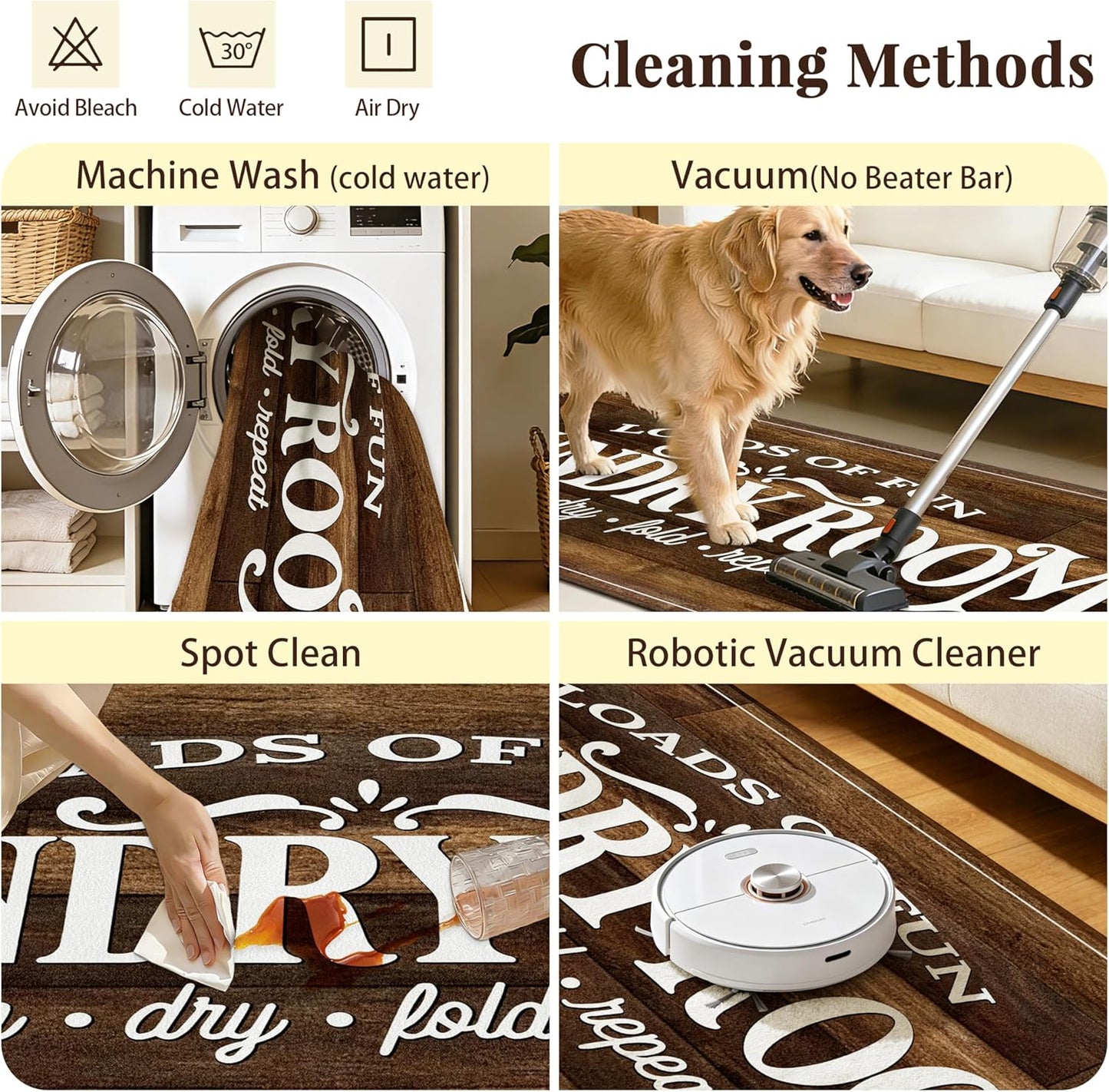 Washable Laundry Room Rug Runner, 20"X47" Non Slip Laundry Mat Soft Low-Pile Farmhouse Decor Area Rug for Entryway Hallway Kitchen Bathroom Brown