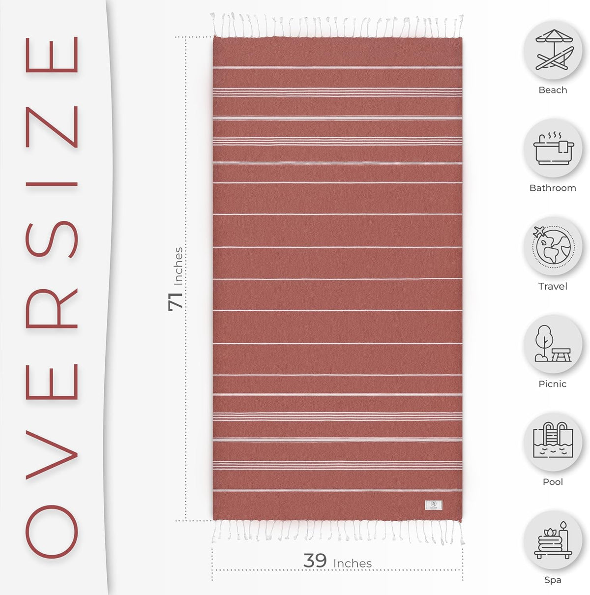 Ossano Turkish Beach Towel Striped & Soft Extra Large (39" x 71") - Quick Dry, Versatile and Functional as Yoga Mat, Gym, Outdoor and Shower Towel, Travel and Picnic Blanket - Red