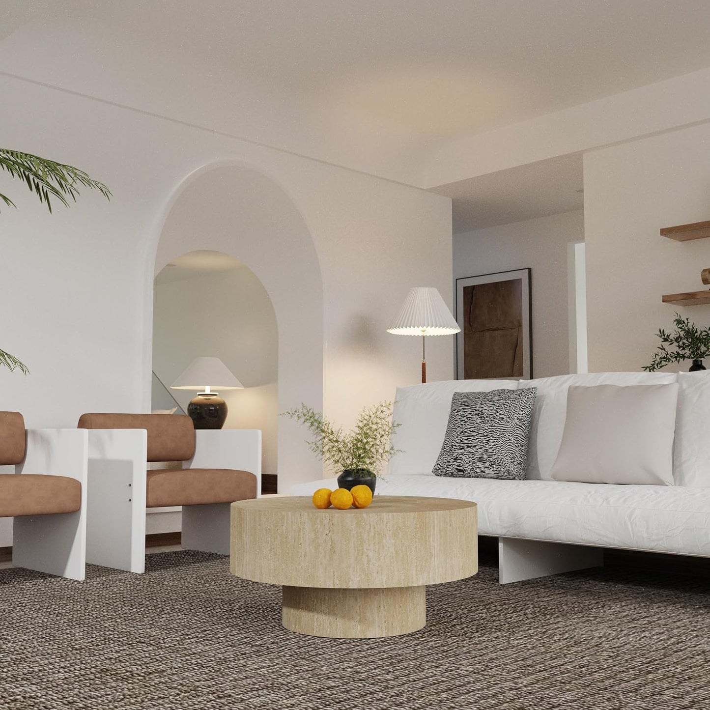 Round Fluted Coffee Table (Circle Travertine 29.9in) | Round Drum Coffee Table for Living Room Modern Circular Pedestal Center Table