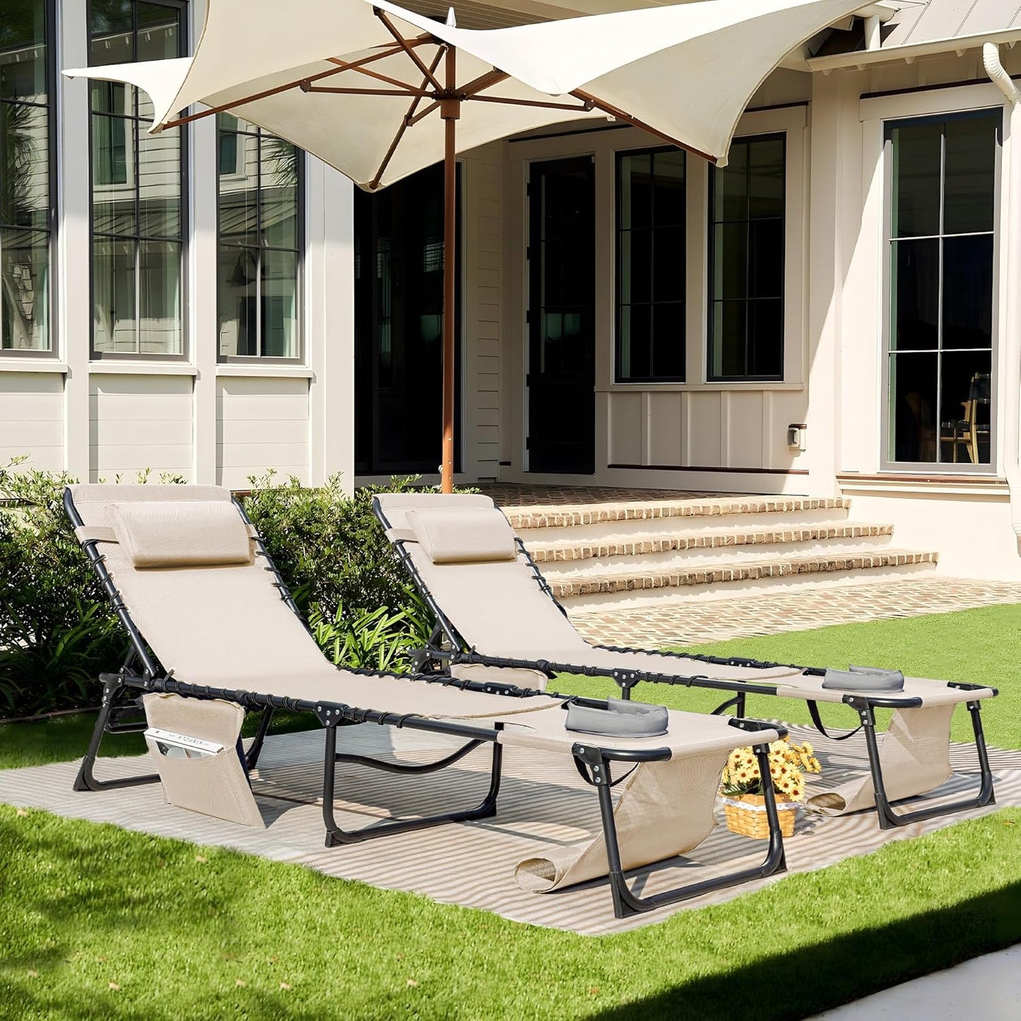 Flamaker Face Down Chaise Lounge Chair 5-Position Adjustable Sunbathing, Foldable Tanning Chair with Face& Arm Holes, Outdoor Recliner Chair for Pool, Beach, Patio, Lawn (Beige, 1 Pcs)