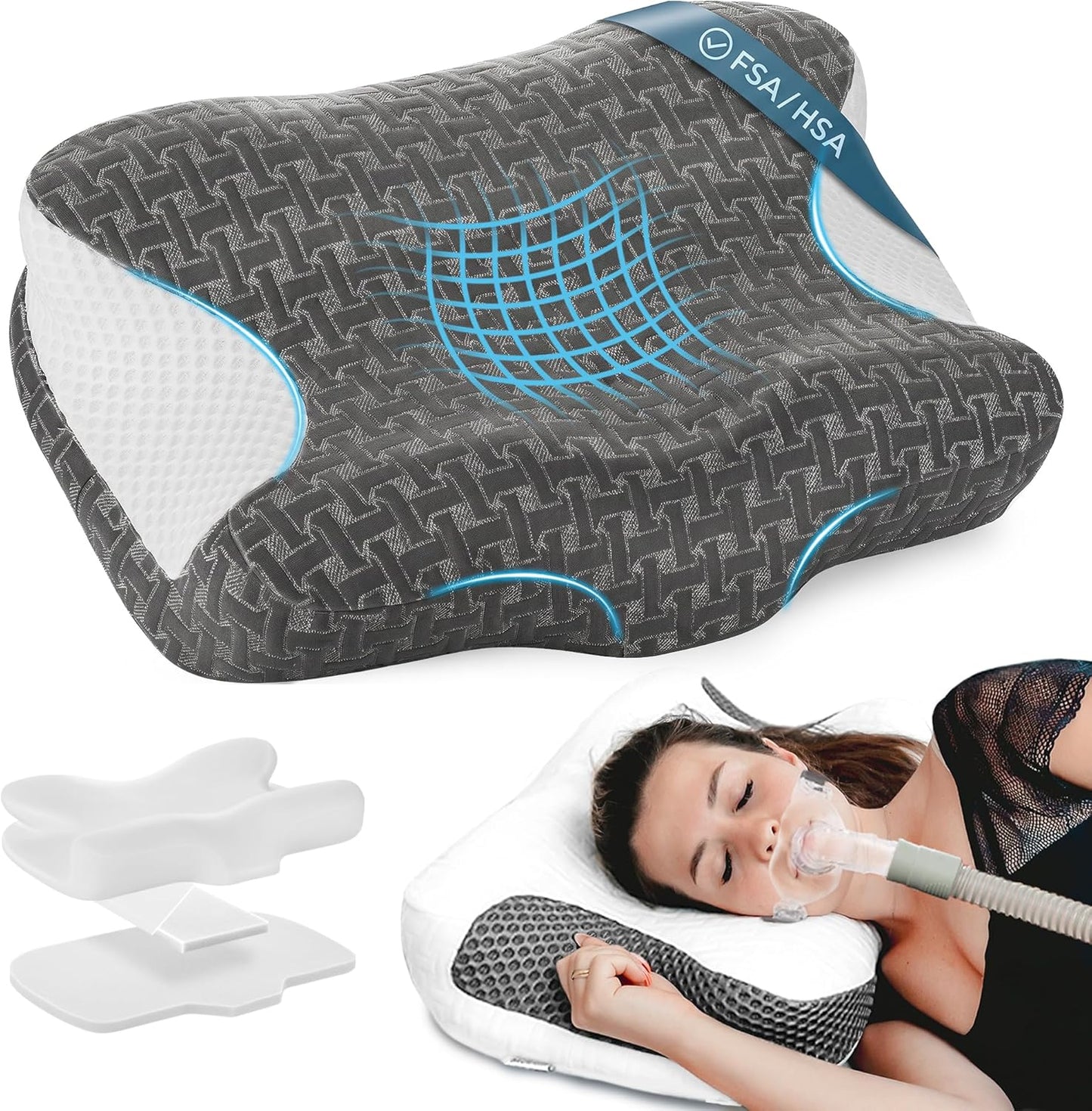 Elviros CPAP Pillow for Sleeping, HSA/FSA Ergonomic Adjustable Height Neck Support Memory Foam Bed Pillow for CPAP Users with Sleep Apnea, Suitable for Side and Back Sleepers