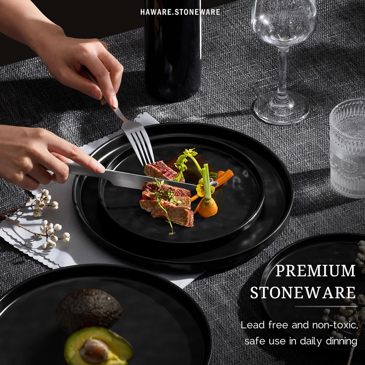 HaWare Dinnerware Sets, 18-Piece Plates and Bowls Set, Matte Black