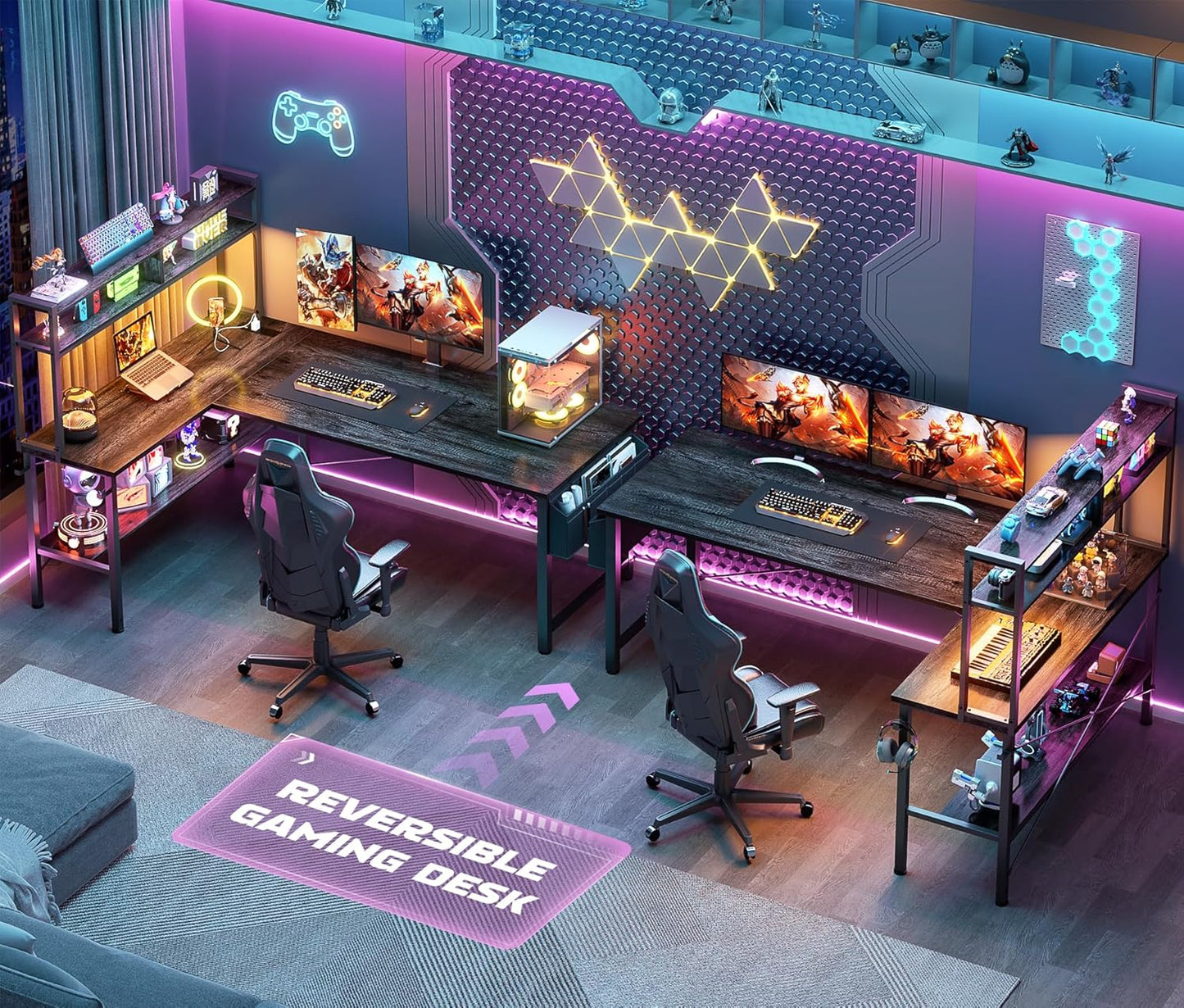 Aheaplus L Shaped Desk Gaming Desk, 59" L Shaped Computer Desk with LED Light & Power Outlet, Reversible Home Office Desk Gamer Desks with Shelves & Storage Bag & Hooks, Corner PC Desk, Black Oak