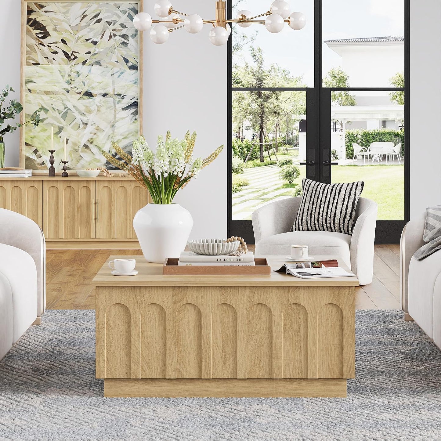 FORTUNETEC 31.5" Lift Top Coffee Table with Storage, Arched Design, Oak | Modern Coffee Table, Square Tea Table, Boho Multifunctional Center Table, Wood Grain Texture, Living Room, Office