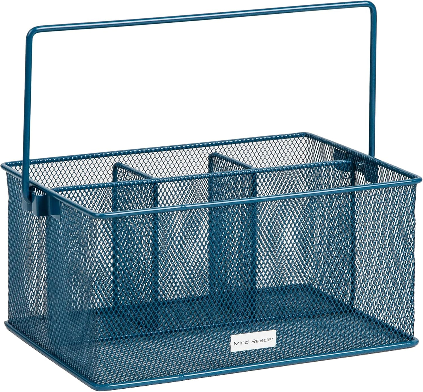 Mind Reader Multi-purpose Storage Caddy with Handle, Desktop Organizer, Cutlery Holder, 4 Compartments, Metal Mesh, Turquoise