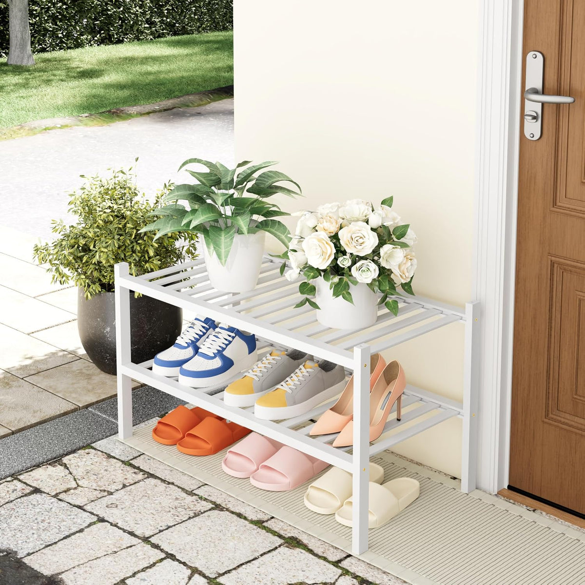 Smiry Bamboo Shoe Rack, 14 Vertical Slats, 2 Tier - 26.8" Wide, White