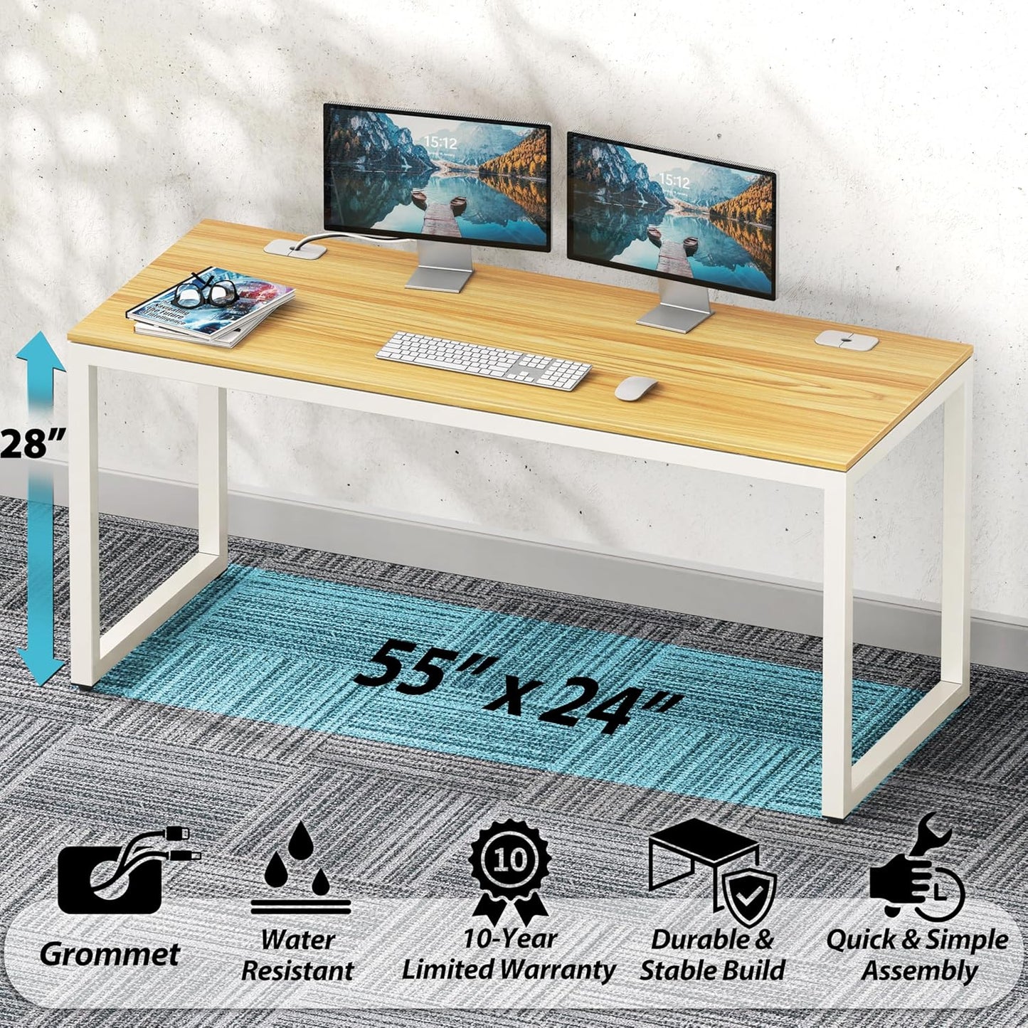 SHW 55-Inch Commercial-Grade Office Computer Desk, Oak