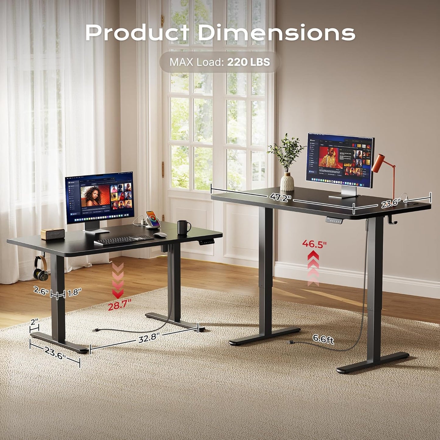 Huuger Electric Standing Desk with Power Outlets and USB-C Port, 47 X 24 Inch Height Adjustable Desk, Sit Stand Desk for Home Office, Computer & Gaming Desk with 4 Presets, Stable Steel Frame, Black