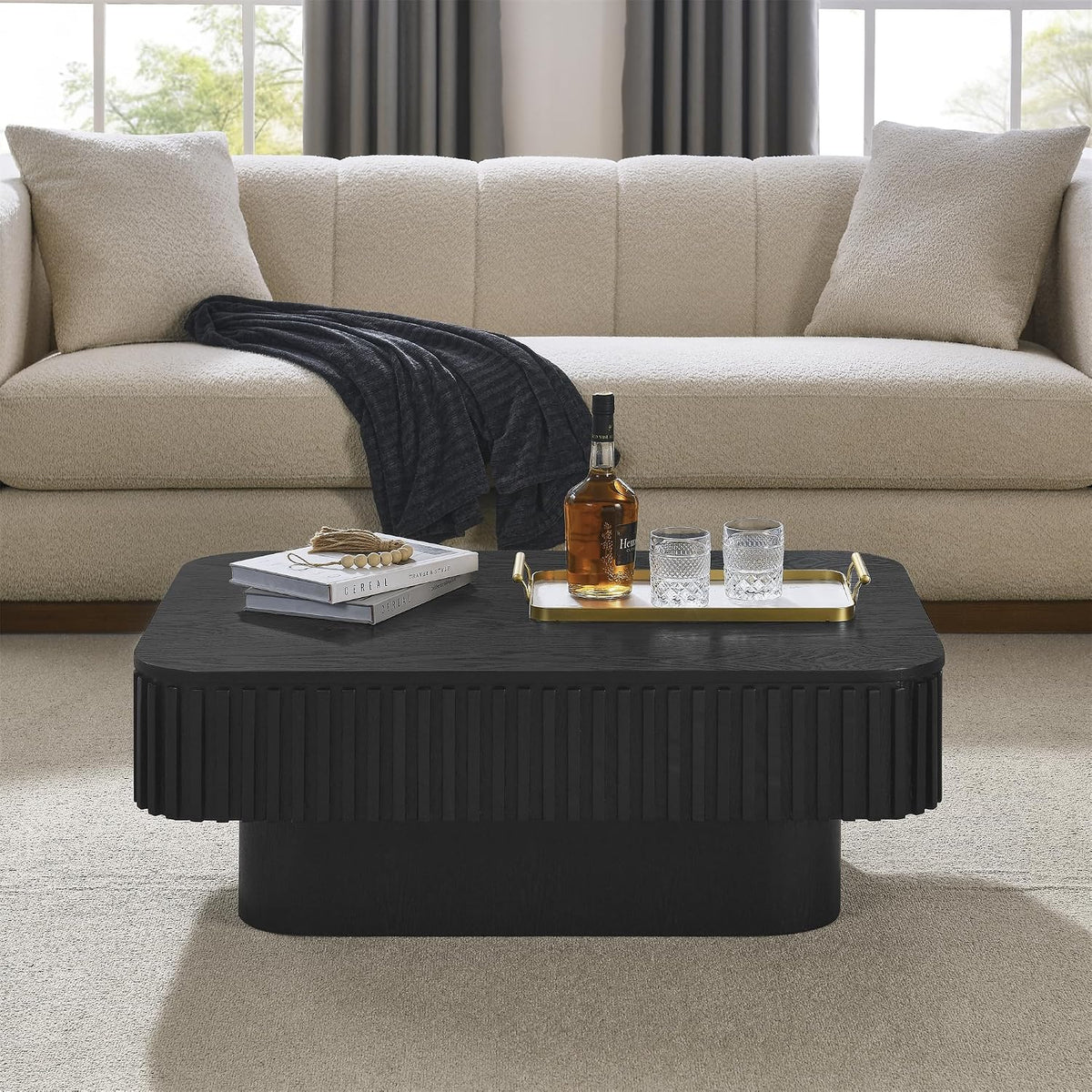 Lift Top Coffee Table for Living Room,Rectangle Handmade Solid Wood Strips, Fluted Coffee Table with Hidden Storage Compartment for Small Space Office Apartment (38.6"L×26.8''W×13.8''H-Black)