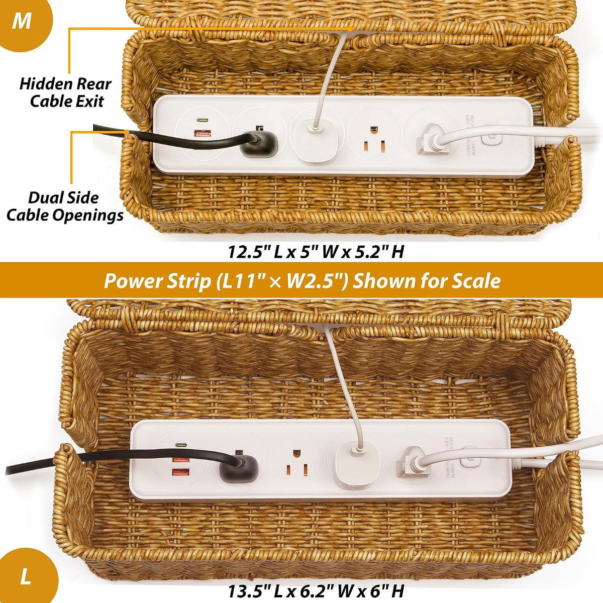 ZhiYo Rattan Cable Management Box, Cord Organizer, Nature, 13.5"x6.2"x6"