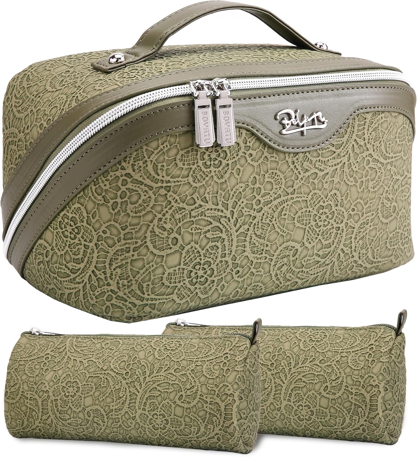 BOYATU Travel Makeup Bags Cosmetic Organizer Bag: 3-Set Large Capacity Make up Bag - PU Leather Toiletry Bags for Women - Wide Open Portable Pouch with Divider & Handle (02-Light Brown)