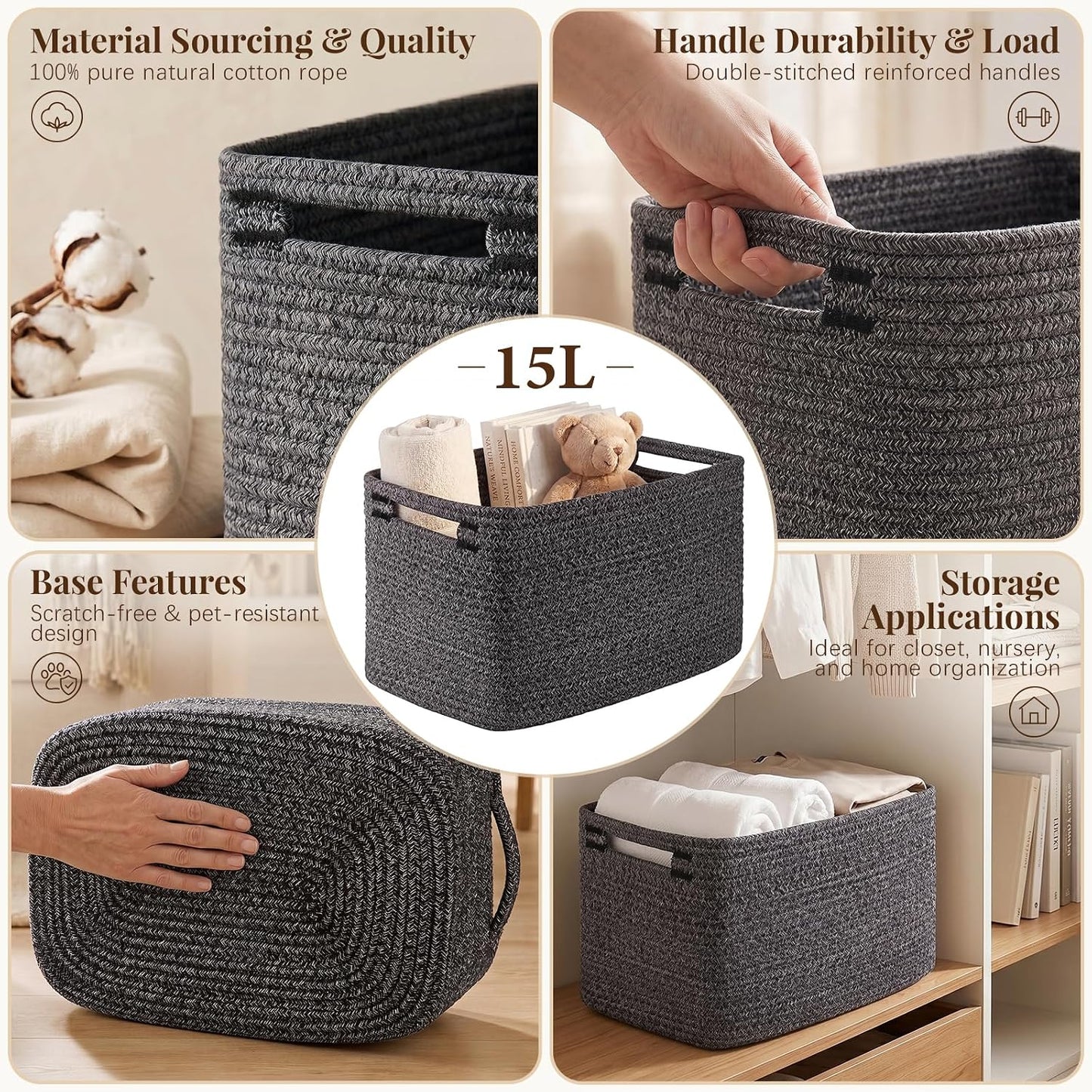 OIASKET 4Packs Natural Cotton Rope Storage Baskets for Organizing Toys, Clothes, Towels & Books, Soft Versatile Organizers for Shelves, Home Decorative Bins, 13''Lx9''Wx7.8''H, Black and White