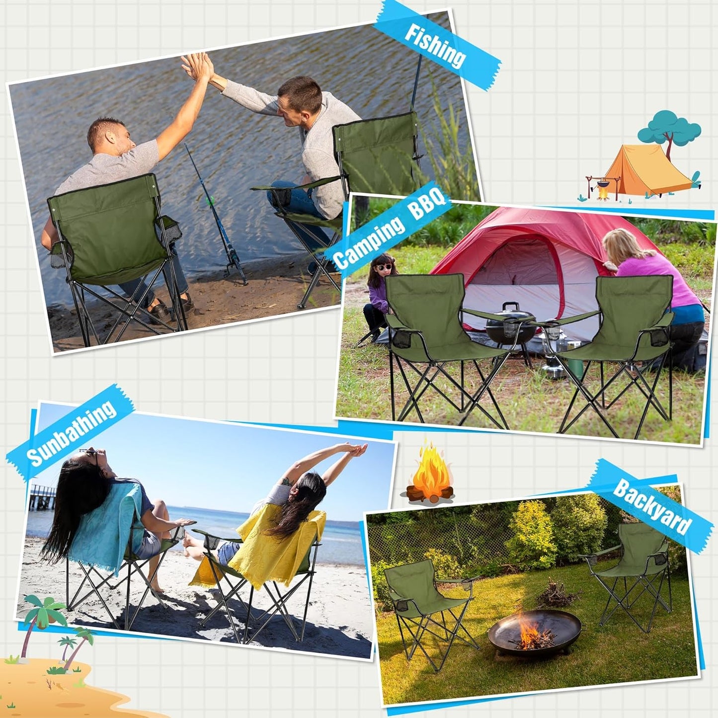 HaSteeL Camping Chair for Adults, Folding Beach Chair Set of 2, Large Foldable Portable Chair for Outdoors Fishing, Hiking, Sporting, Travel, Picnic, Lawn, Hold 275lbs & A Storage Bags (Green)