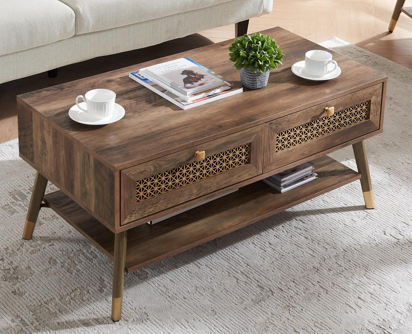 Wooden Mid Century Modern Coffee Table, Retangle Coffee Table with Two Drawers for Living Room, Rustic Oak