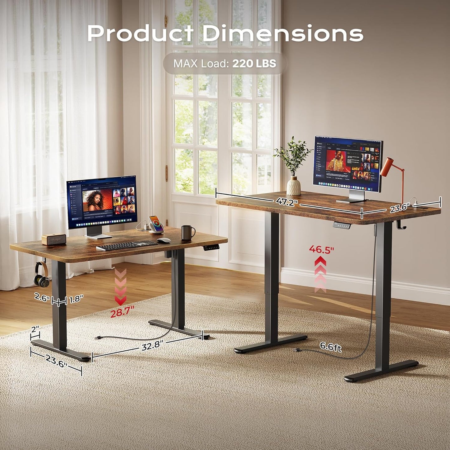 Huuger Electric Standing Desk with Power Outlets and USB-C Port, 47 X 24 Inch Height Adjustable Desk, Sit Stand Desk for Home Office, Computer & Gaming Desk with 4 Presets, Rustic Brown