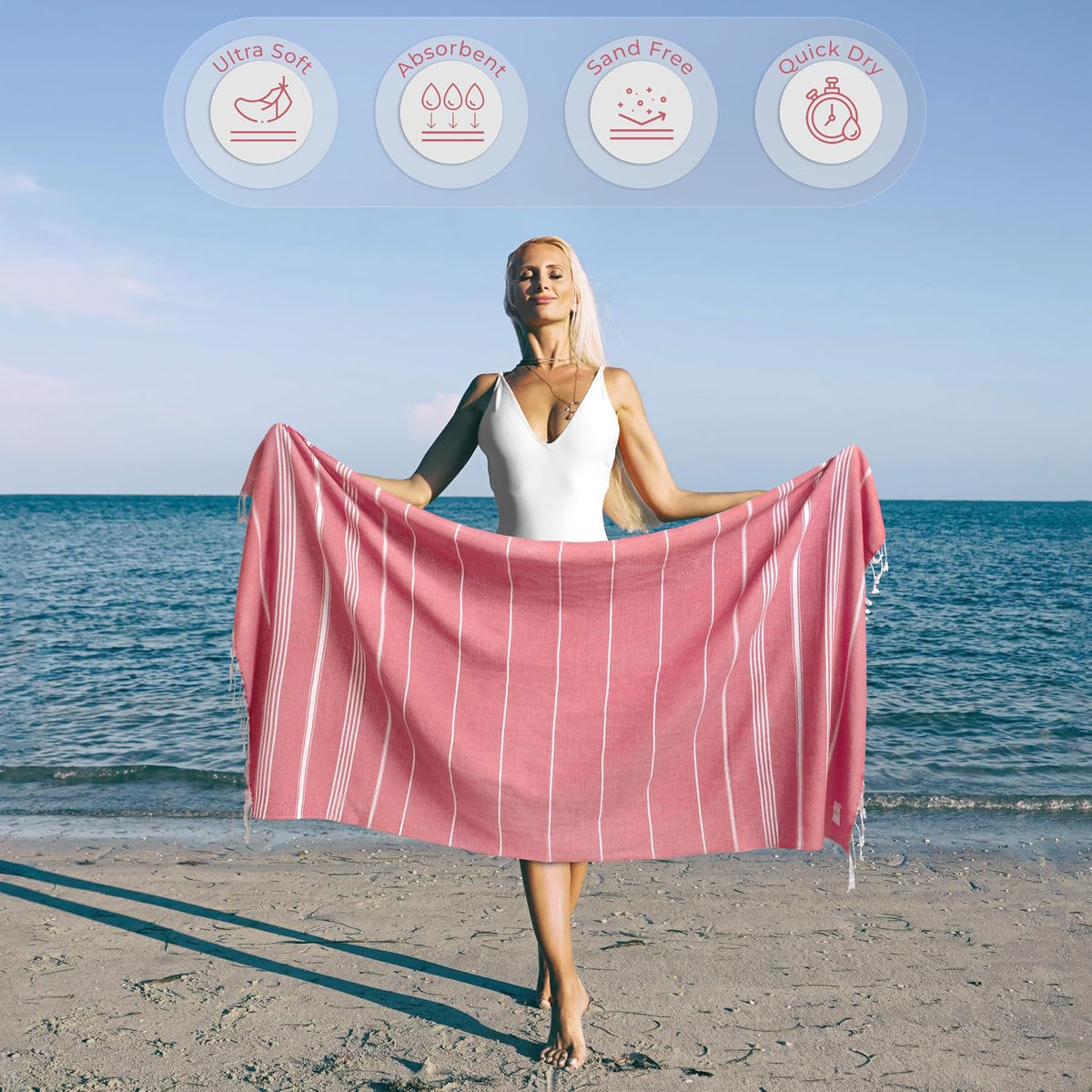 Ossano Cute Beach Towel - Quick Dry & Sand Free, Oversized (39" x 71"), Versatile, Perfect as Yoga Mat, Pool Towel, Turkish Towel, or Picnic Blanket - Coral