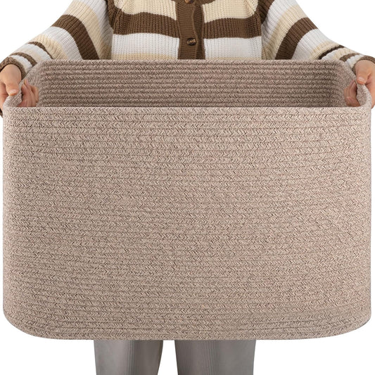 OIAHOMY XXLarge Rectangle Blanket Basket-96L, Cotton Woven Basket for Storage, Dirty Clothes Basket for Living Room, Nursery, Bedroom, Toy Organizing with Handle, 24" x 16" x 15",Brown variegated