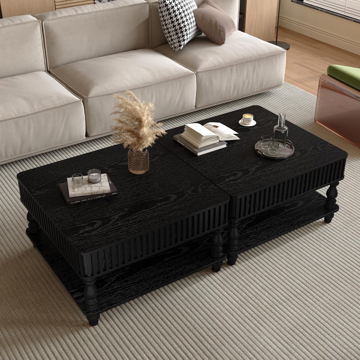 31.5 Inch Square Lift Top Coffee Table with Hidden Storage, 2 Tier Wooden Square Fluted Coffee Table with Open Shelf & Sculpted Legs, Retro Center Table for Living Room, Apartment, Home Office, Black