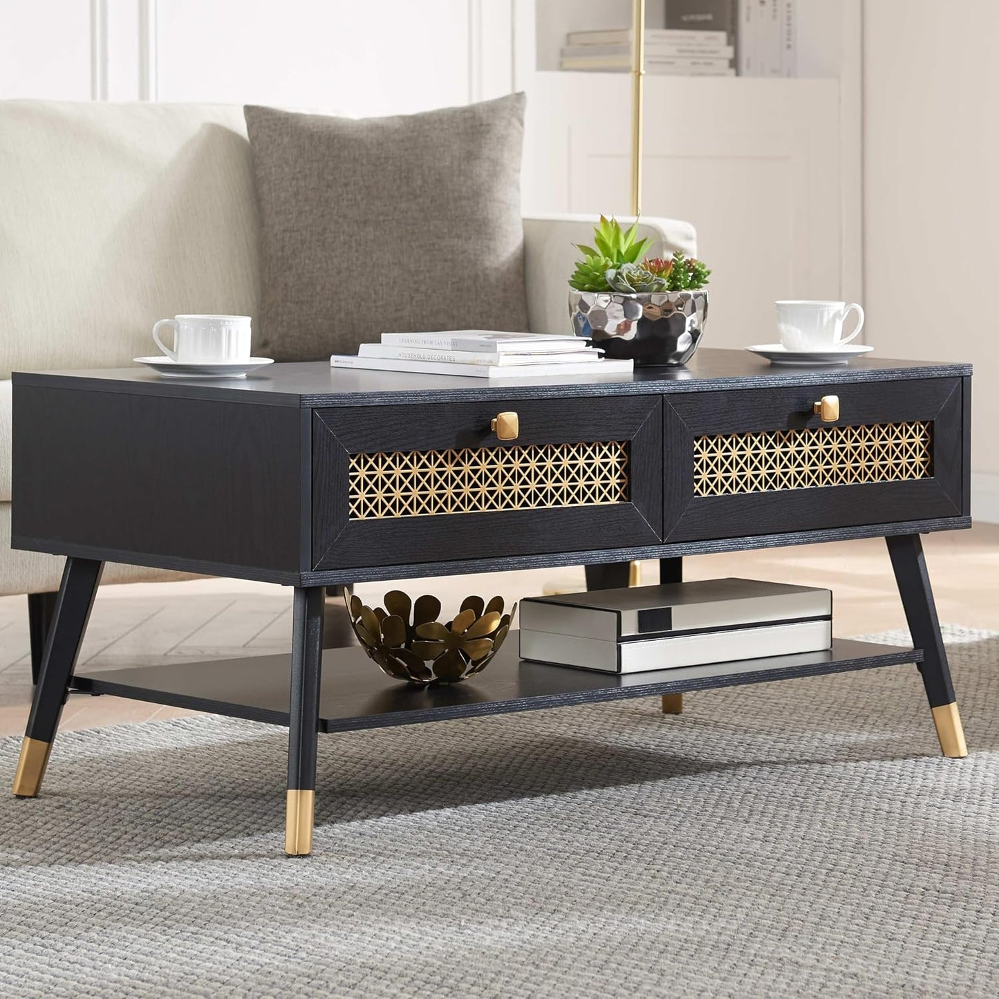 Mid Century Modern Coffee Table - Black Wood with Storage Drawers & Open Shelf, Compact Living Room Furniture for Small Spaces, 41.9" Wx21.6 Dx19.7 H