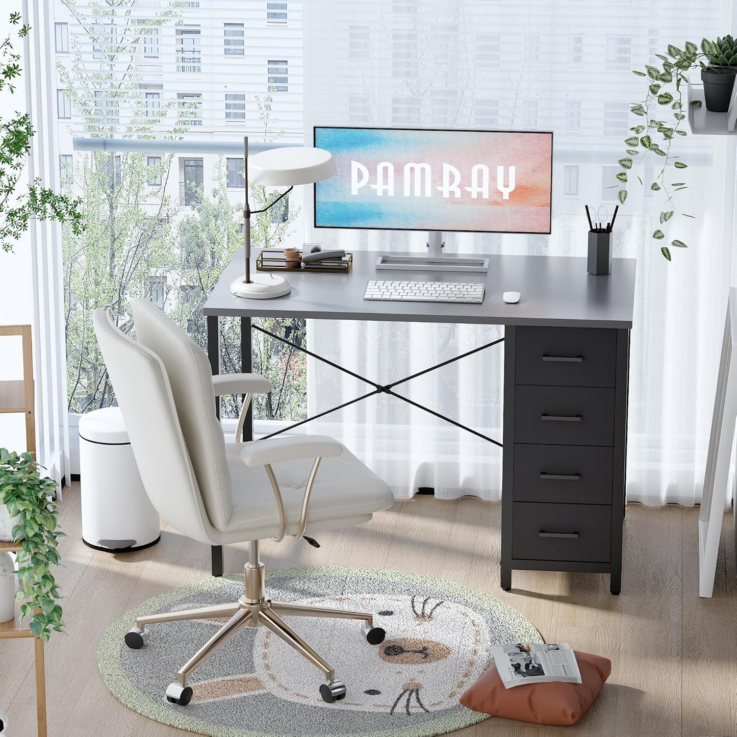 Pamray 32 Inch Computer Desk with 4 Drawers Small Office Desk for Home Bedroom Study Writing Simple Modern Computer Table Grey