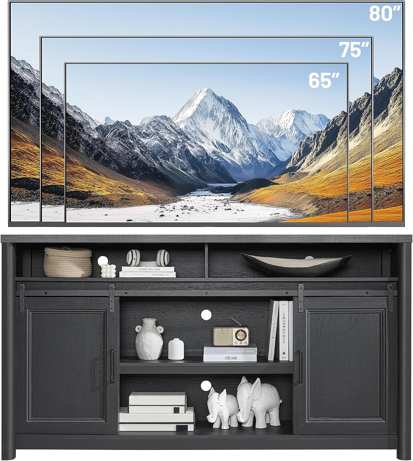 Farmhouse TV Stand for Living Room, Large Black Entertainment Center with Storage, TV Console for Bedroom, TV Stand with Sliding Barn Door Television Stands for 80 Inch TV, 38 Inch Tall Media Cabinet