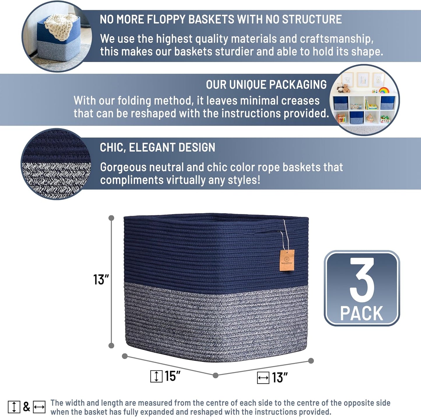 NaturalCozy 13x15x13 Kallax Storage Cubes Bins, 3 Pack | Cotton Rope Cube Storage Bin Woven Baskets for Organizing | Kallax Insert Storage Baskets for Shelves Organizer, Kids Toy, Closet Baby Nursery