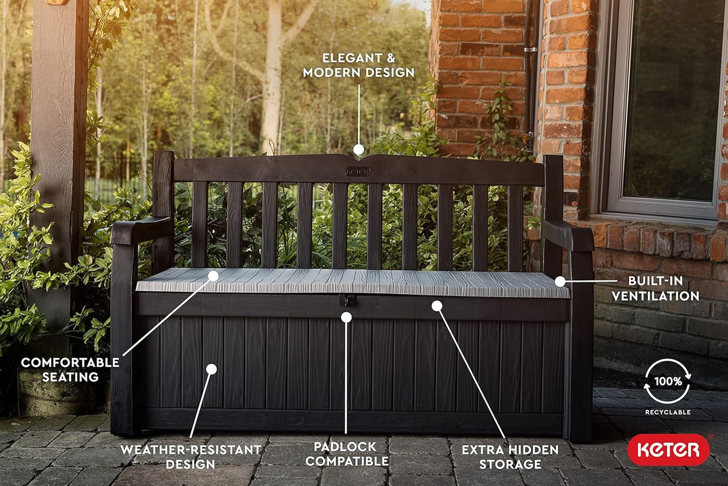 Keter Solana 70 Gallon Storage Bench Deck Box for Patio Furniture, Front Porch Decor and Outdoor Seating – Perfect to Store Garden Tools and Pool Floats, Graphite